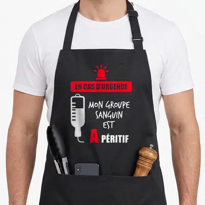 Tablier de cuisine noir avec illustration seringue et texte En cas d'urgence mon groupe sanguin est à péritif