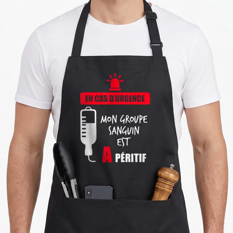 Tablier de cuisine noir avec illustration seringue et texte En cas d'urgence mon groupe sanguin est à péritif