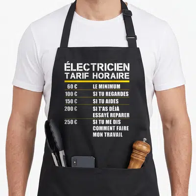 Tablier de cuisine noir avec un tableau blanc et jaune listant le tarif horaire d'un électricien.