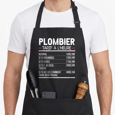 Tablier de cuisine noir avec liste tarifaire humoristique pour plombier en blanc et rouge.