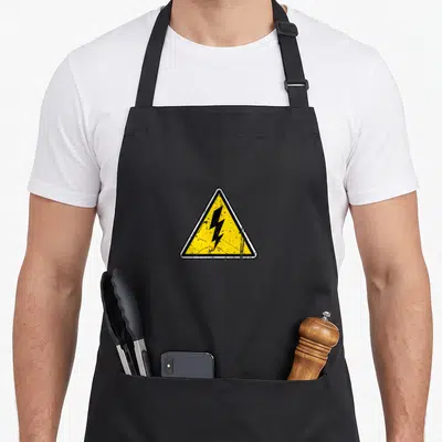 Tablier de cuisine noir avec un triangle jaune signalant un danger électrique en style vintage délavé.