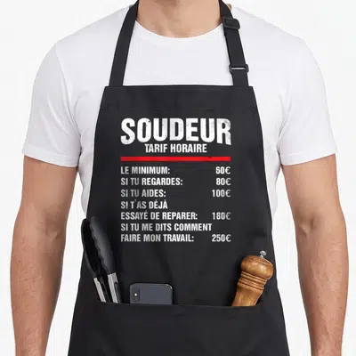 Tablier de cuisine noir avec l'inscription tarif horaire soudeur en typographie blanche et une barre rouge horizontale.