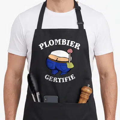 Tablier de cuisine noir avec illustration d'un plombier de dos et texte blanc Plombier certifié