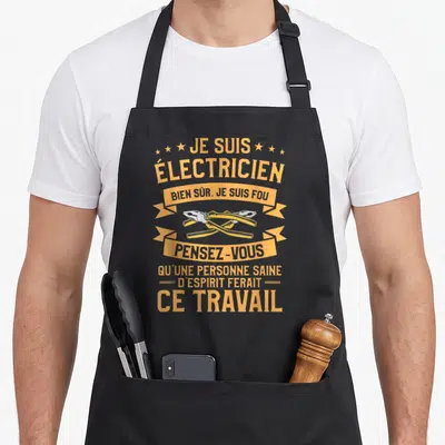 Tablier de cuisine noir avec une illustration de pinces croisées et un texte humoristique en orange sur fond sombre.