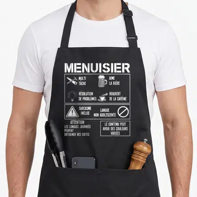 Tablier de cuisine noir avec inscription blanche Menuisier et icônes humoristiques sur les qualités professionnelles et personnelles.