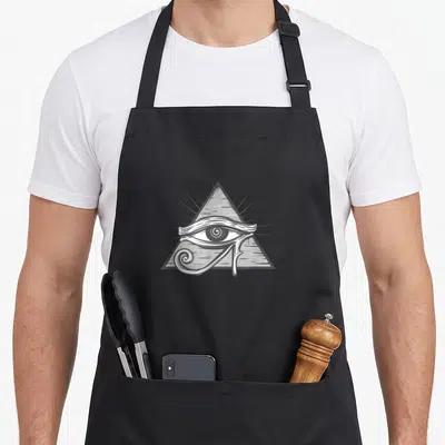 Tablier de cuisine noir avec un œil stylisé sur une pyramide à hachures et rayons lumineux.