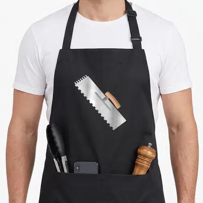 Tablier de cuisine noir avec une illustration détaillée d'une truelle dentée à poignée en bois et lame métallique crantée.