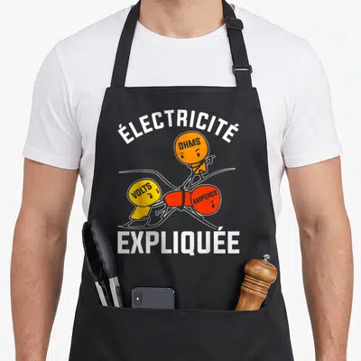 Tablier de cuisine noir avec une illustration colorée représentant les concepts d'électricité sous forme de personnages stylisés.