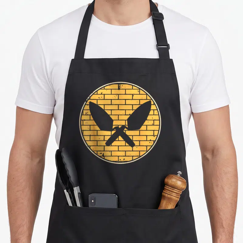 Tablier de cuisine noir avec un motif circulaire orange représentant deux truelles croisées sur un mur de briques, style maçon de ciment et de béton.