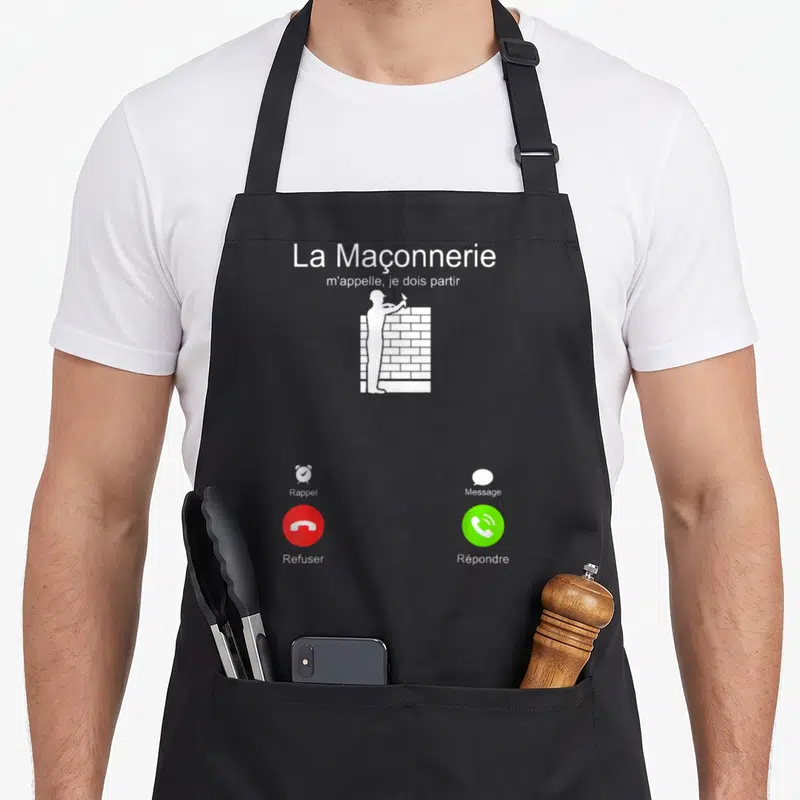 Tablier de cuisine noir avec silhouette maçon et boutons téléphone rouge et vert