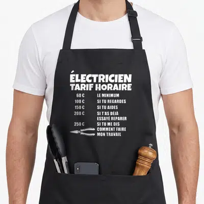 Tablier de cuisine noir avec le texte blanc ÉLECTRICIEN TARIF HORAIRE et une illustration de pince en bas de page.