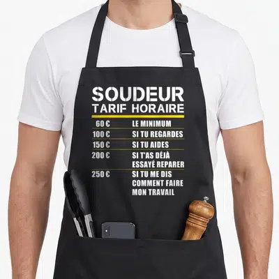 Tablier de cuisine noir avec inscription tarif horaire soudeur et échelle de valeurs en blanc et jaune sur fond uni.