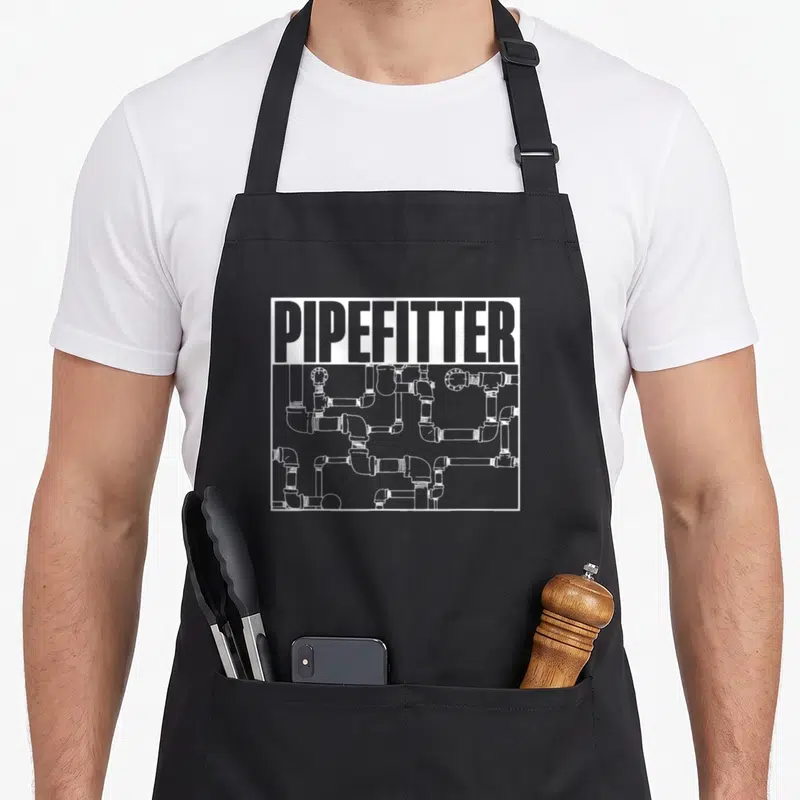 Tablier de cuisine noir avec le mot Pipefitter et un schéma de tuyaux techniques en blanc.