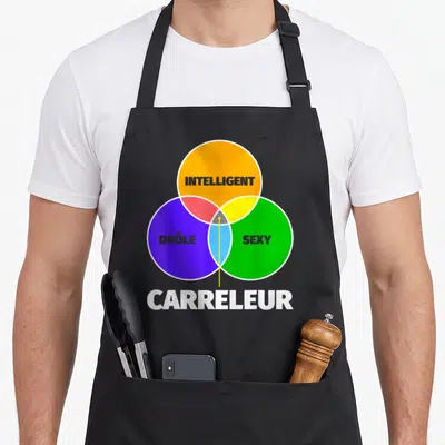 Tablier de cuisine noir avec un diagramme de Venn coloré et le mot carreleur en blanc en bas.