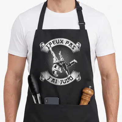 Tablier de cuisine noir avec illustration blanche d'un judoka effectuant un seoi nage et le texte Je peux pas j'ai judo.