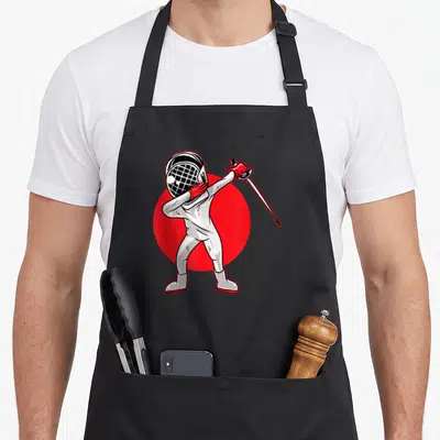 Tablier de cuisine noir avec escrimeur en dabe tenant une épée sur fond rouge circulaire.