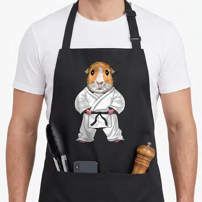 Tablier de cuisine noir avec illustration d'un cobaye en kimono blanc et ceinture noire de martial arts.