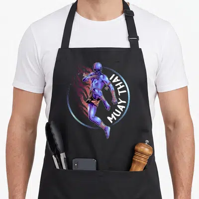 Tablier de cuisine noir avec un squelette violet en train de frapper en Muay Thai, entouré d'un cercle lumineux et du texte Muay Thai.