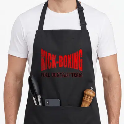 Tablier de cuisine noir avec inscription Kick-Boxing en rouge et Full Contact Team en noir.