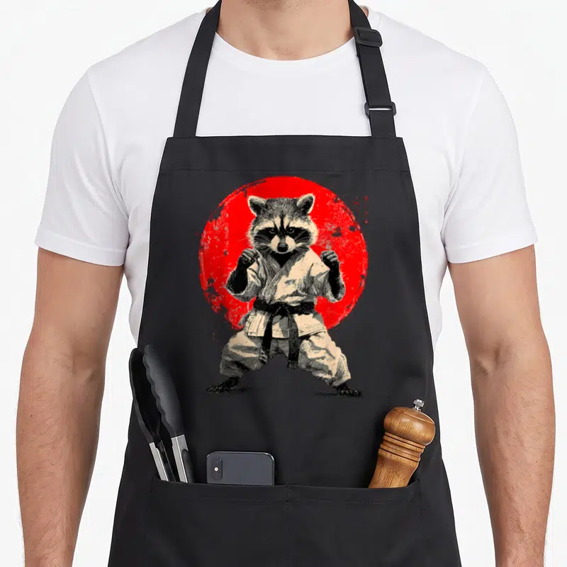 Tablier de cuisine noir avec illustration d'un raton laveur en tenue de karaté sur fond de cercle rouge.