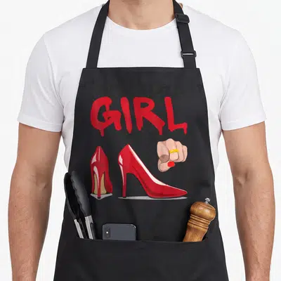 Tablier de cuisine noir avec texte Krav Maga Girl, escarpins rouges et poing fermé.