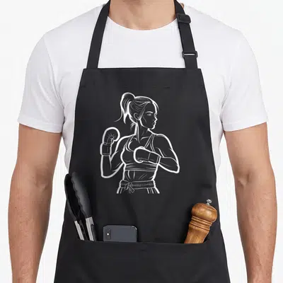 Tablier de cuisine noir avec illustration blanche d'une boxeuse au poing levé et à la ceinture nouée.