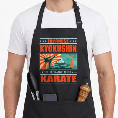 Tablier de cuisine noir avec motif Kyokushin Karaté Japanese Ultimate Truth style vintage