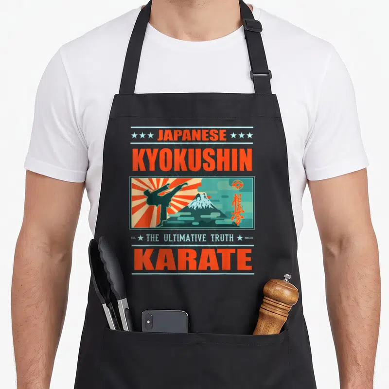 Tablier de cuisine noir avec motif Kyokushin Karaté Japanese Ultimate Truth style vintage