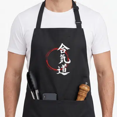 Tablier de cuisine noir avec cercle Enso rouge et calligraphie blanche Aïkido.