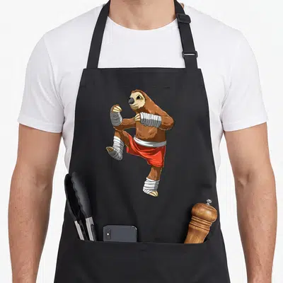 Tablier de cuisine noir avec illustration d'un sloth en tenue de Muay Thai et bandages blancs sur les membres.