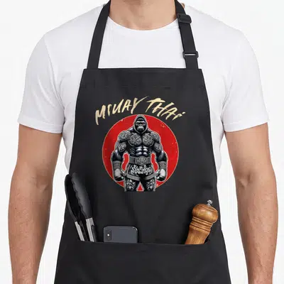 Tablier de cuisine noir avec illustration d'un gorille combattant Muay Thai sur fond rouge circulaire.