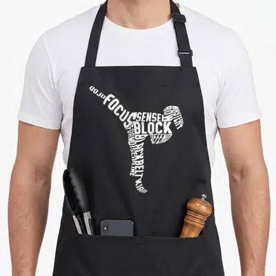 Tablier de cuisine noir avec une silhouette de coup de pied constituée de mots blancs tels que Focus, Block et Sensei.