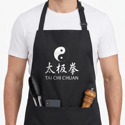Tablier de cuisine noir avec le symbole Yin Yang et l'inscription Tai Chi Chuan en blanc au centre.