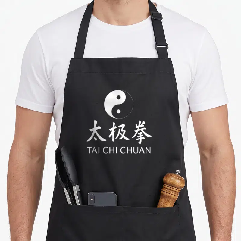 Tablier de cuisine noir avec le symbole Yin Yang et l'inscription Tai Chi Chuan en blanc au centre.