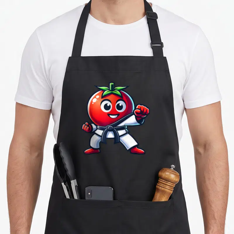 Tablier de cuisine noir avec une tomate rouge en position de karatéka vêtue d'un judogi blanc et d'une ceinture noire.