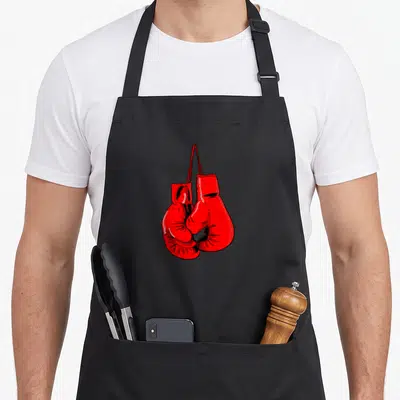 Tablier de cuisine noir avec une illustration de deux gants de boxe rouges suspendus par leurs sangles.