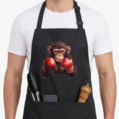 Tablier de cuisine noir avec illustration d'un singe portant des gants de boxe rouges.