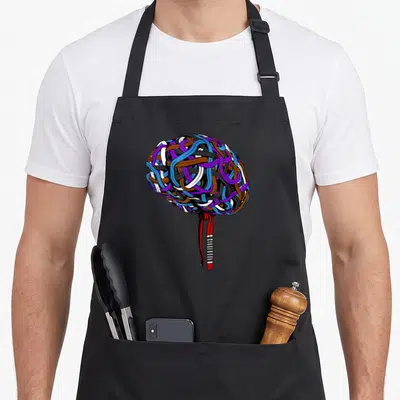 Tablier de cuisine noir avec illustration d'un cerveau formé de sangles multicolores nouées et d'une ceinture rouge à bandes blanches.