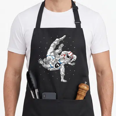 Tablier de cuisine noir avec deux astronautes en combinaison blanche effectuant un Jiu Jitsu dans un décor d'étoiles.