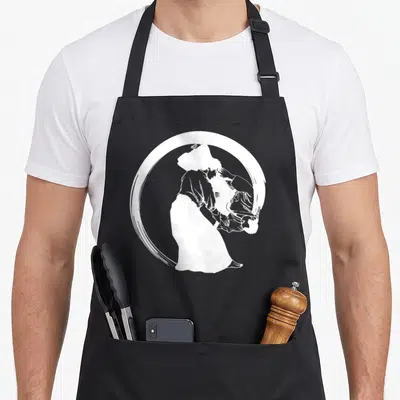 Tablier de cuisine noir avec illustration blanche d'un aikidoka effectuant une projection dans un cercle Enso stylisé.