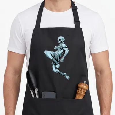 Tablier de cuisine noir avec illustration d'un squelette effectuant une frappe volante de boxe thaïe bleue et grise.