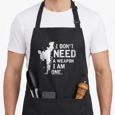Tablier de cuisine noir avec silhouette blanche d'un lutteur effectuant un coup de pied et texte motivant sur le corps.