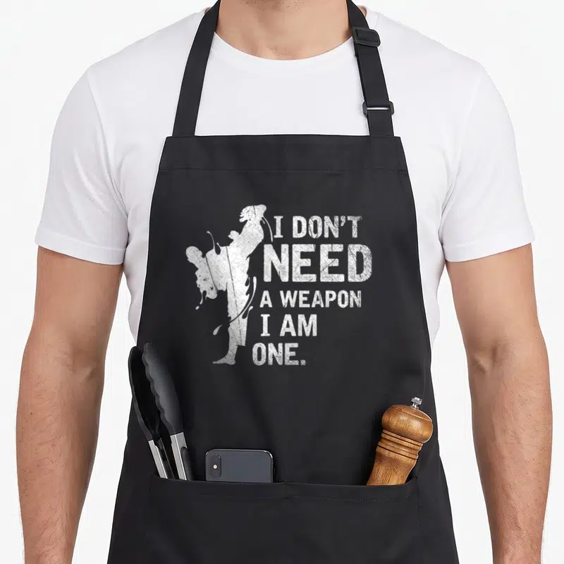 Tablier de cuisine noir avec silhouette blanche d'un lutteur effectuant un coup de pied et texte motivant sur le corps.