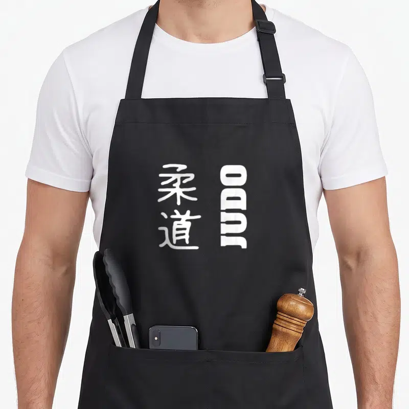 Tablier de cuisine noir avec inscription JUDO et caractères chinois en blanc.