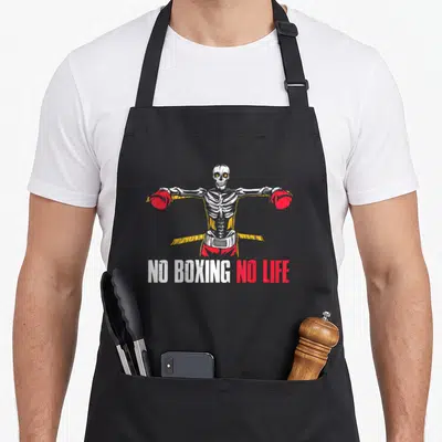 Tablier de cuisine noir avec un squelette aux gants de boxe et l'inscription No Boxing No Life