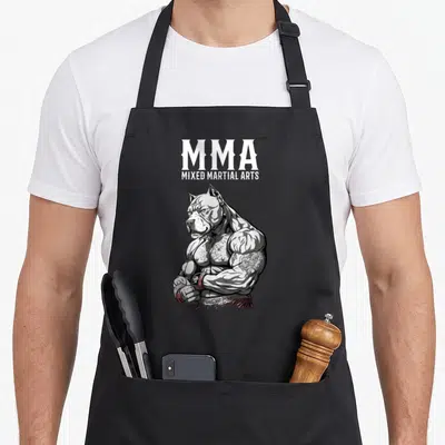 Tablier de cuisine noir avec illustration d'un pitbull musclé en cage fighter MMAMixed Martial Arts