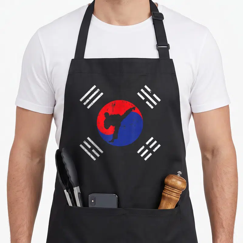 Tablier de cuisine noir avec une silhouette de taekwondo sur un cercle rouge et bleu entouré de symboles blancs.