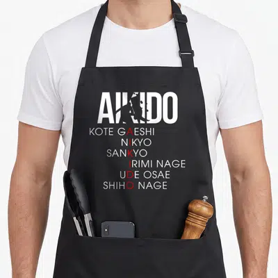 Tablier de cuisine noir avec le logo Aikido et la liste des cinq techniques fondamentales en typographie blanche et rouge.