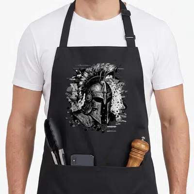Tablier de cuisine noir avec illustration casque de gladiateur Sparta MMA Fighter en noir et blanc.