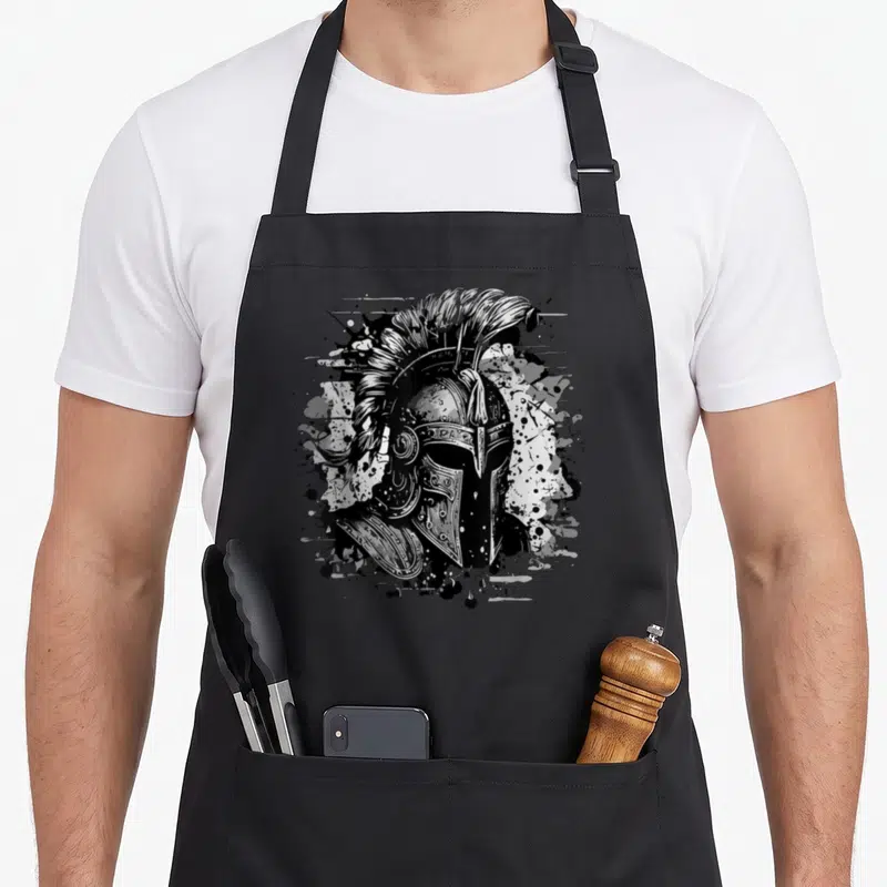 Tablier de cuisine noir avec illustration casque de gladiateur Sparta MMA Fighter en noir et blanc.